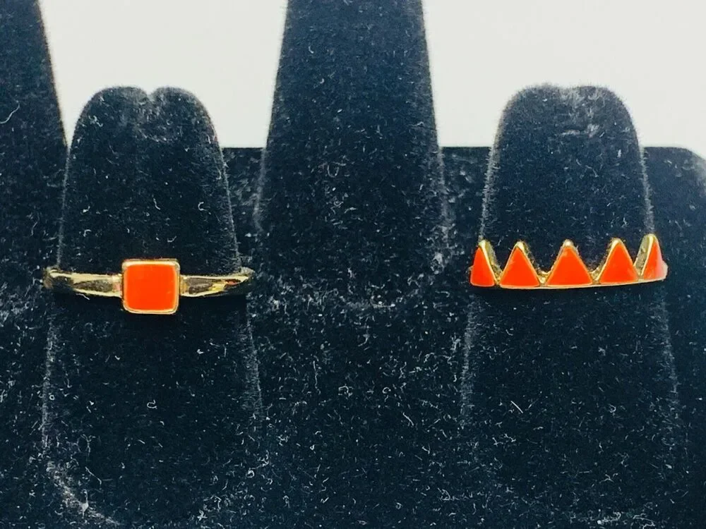 Set of 2 Gold Tone Rings with Orange Painted Design, Size 9